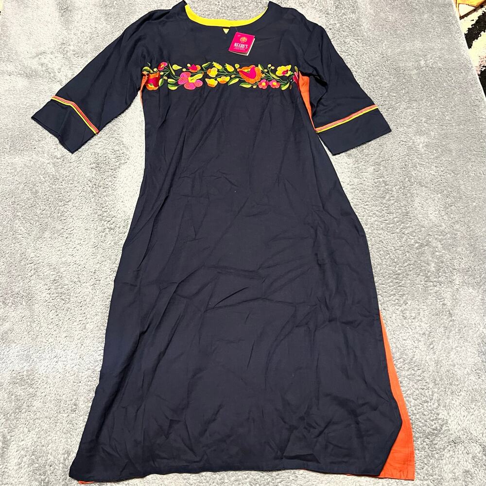 Neerus Indian Ethnic Wear Tunic Maxi Dress Womens XXL Slub Navy Orange